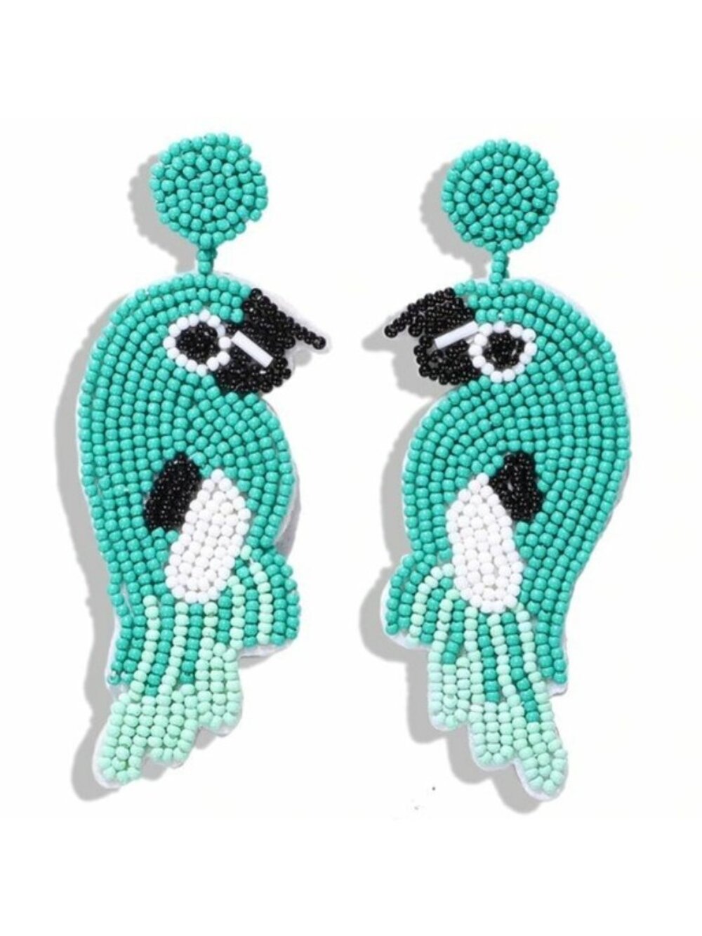 Beaded Parrot Bird Turquoise White Long Drop Earrings